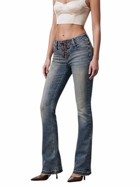 Y2K Silver Jeans lace up low rise faded zigzag stitch raw hem flare jeans 27/34